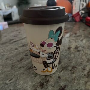 Disney Cream and Brown Coffee Cup with Minnie Mouse and Mickey Mouse Design